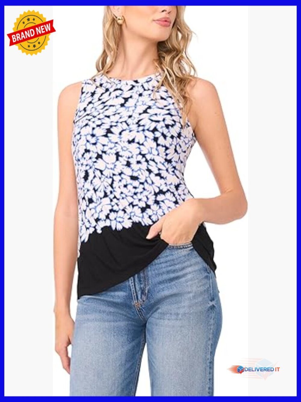 Sleeveless Back Key Hole Tank Top - Floral Pattern